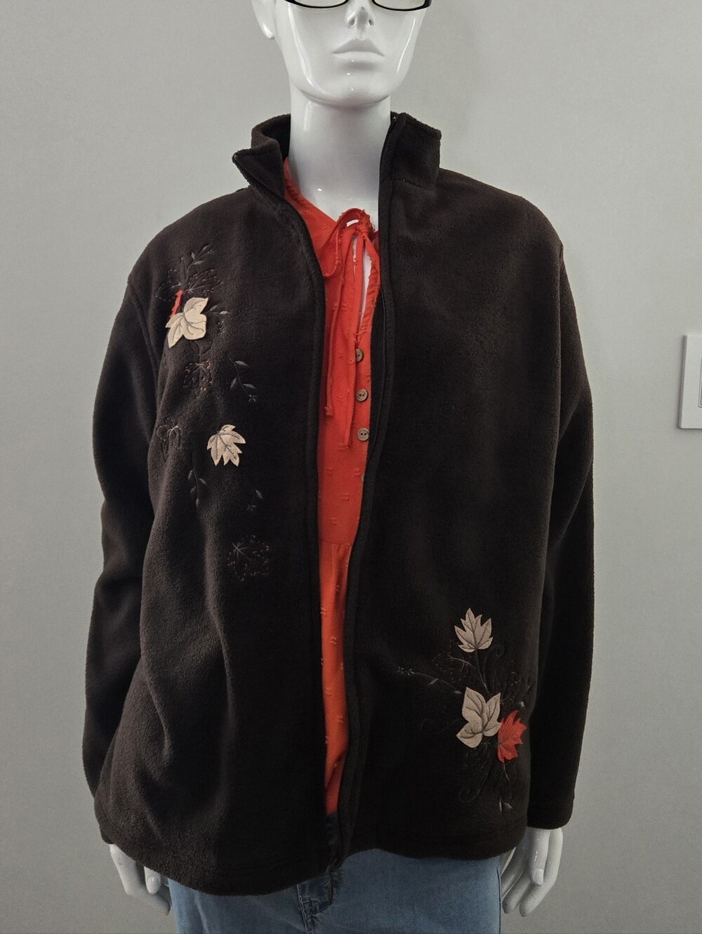 Northern Reflections Vintage Leaf Embroidered Brown Large Zip Up Womens Jacket - Picture 2 of 10